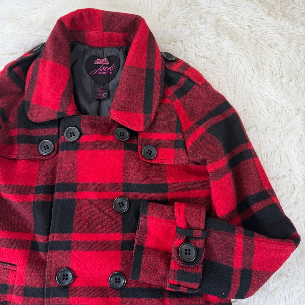 BB Dakota Red Buffalo Plaid‎ Wool Blend Pea Coat Women Medium Winter Jacket